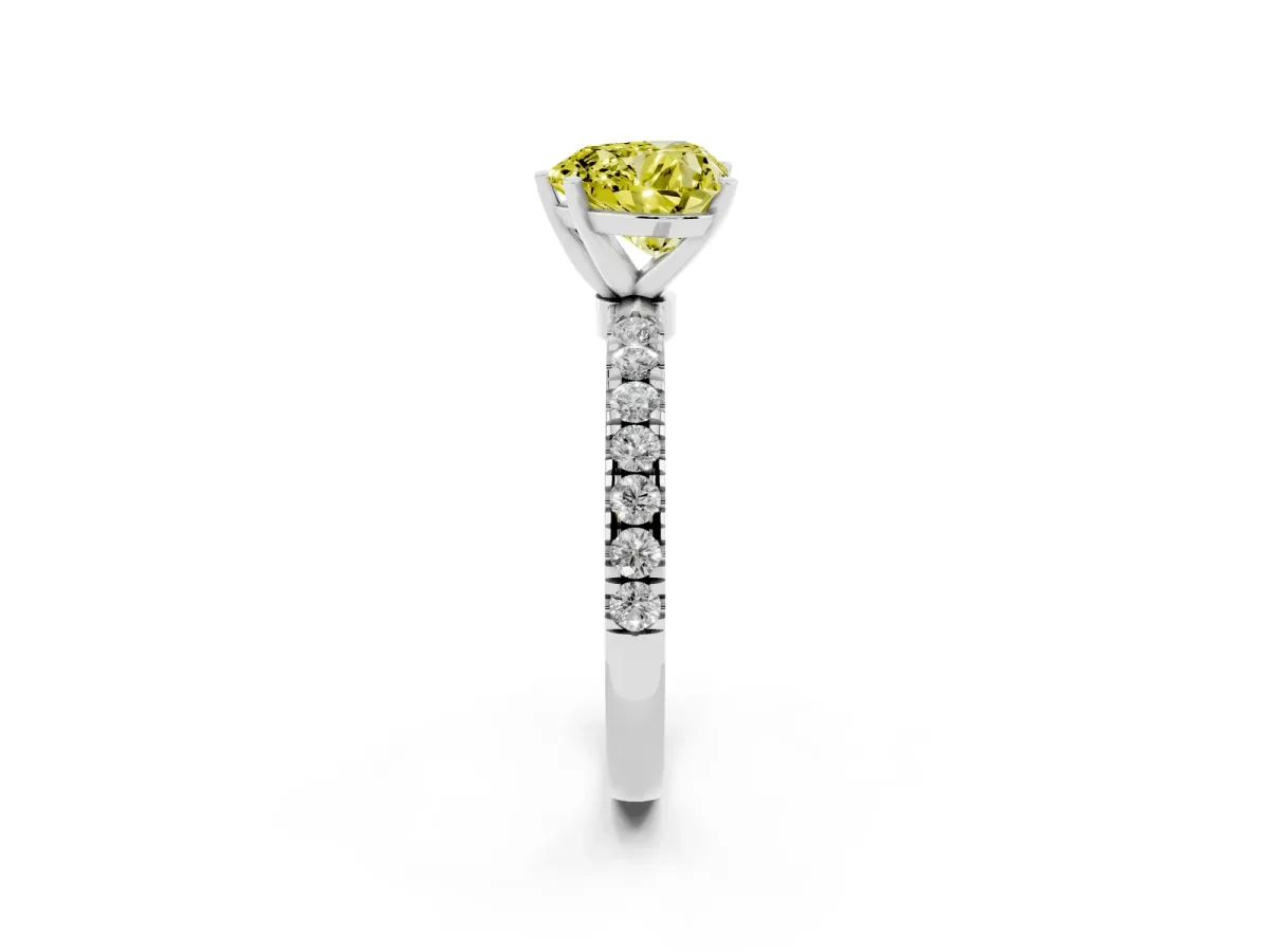 Fancy Yellow Heart Cut Diamond Solitaire Ring with Pavé Accents and Four-Prong Setting Platinum
