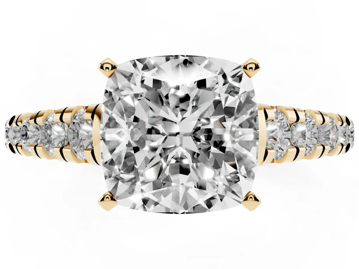 Cushion Cut Diamond Cathedral Solitaire Ring with Round Pavé Band Yellow gold