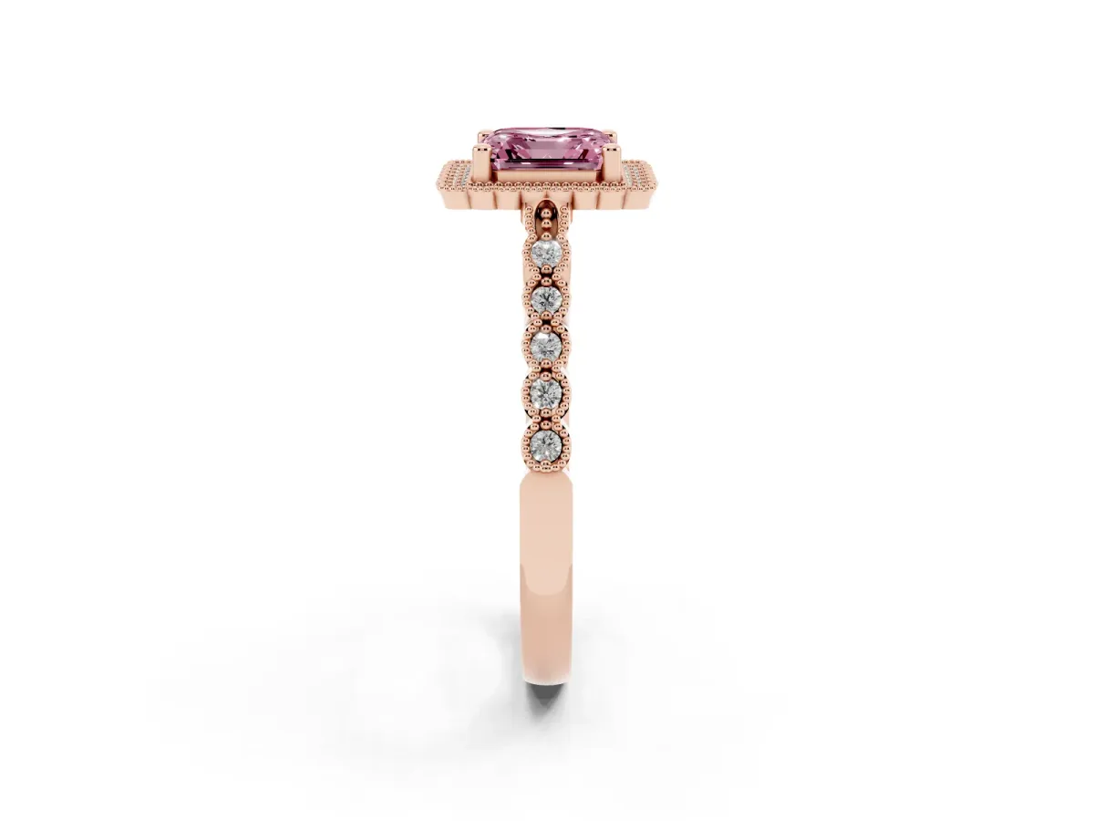 Fancy Pink Asscher Cut Cut Halo Pavé Solitaire Ring with Milgrain Band Rose gold
