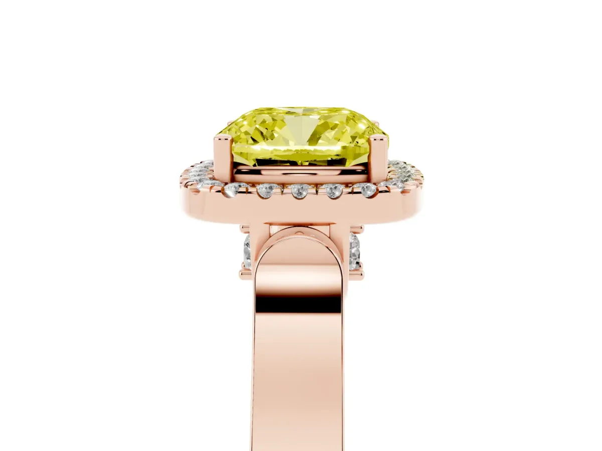 Fancy Yellow Cushion Cut Halo Pave Split Shank Prong Setting Ring Rose gold