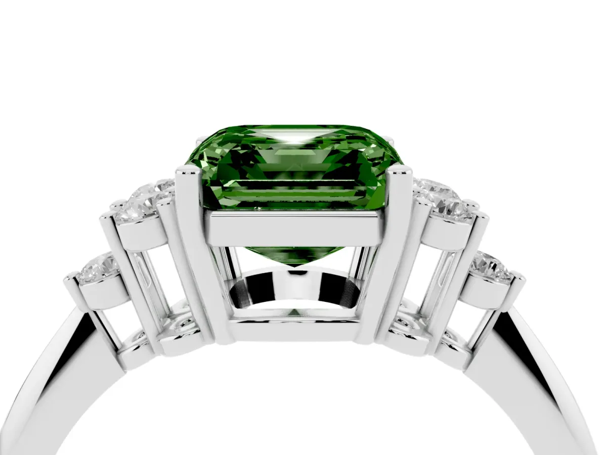 Fancy Green Asscher Cut Cut Diamond Cluster Ring with Solitaire Band and Four-Prong Setting Silver
