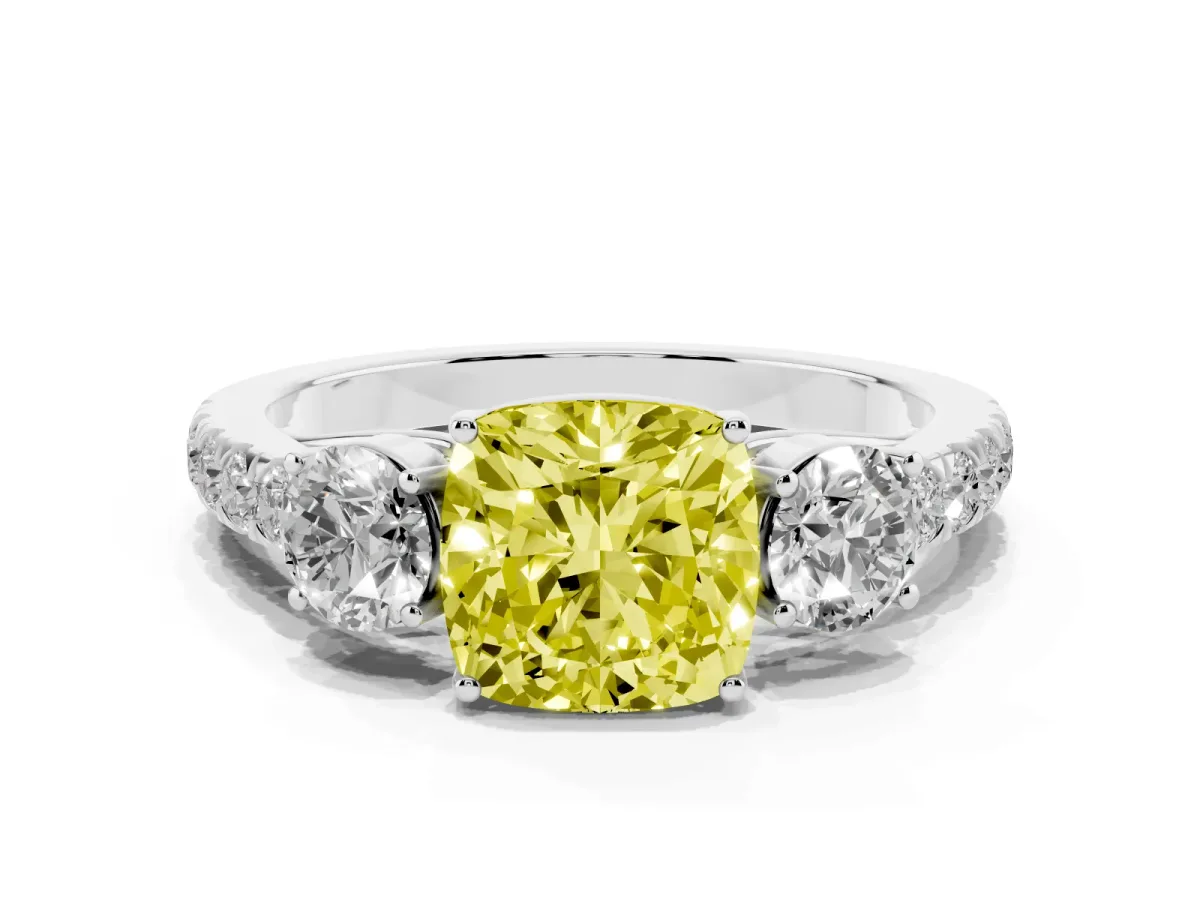Fancy Yellow Cushion Cut Cut Diamond Three-Stone Ring with Round Side Stones and Pavé Band Silver
