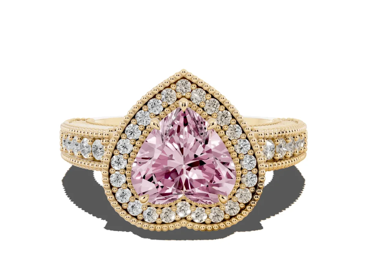 Fancy Pink Heart Cut Cut Halo Diamond Ring with Pavé Band and Four-Prong Setting Yellow gold