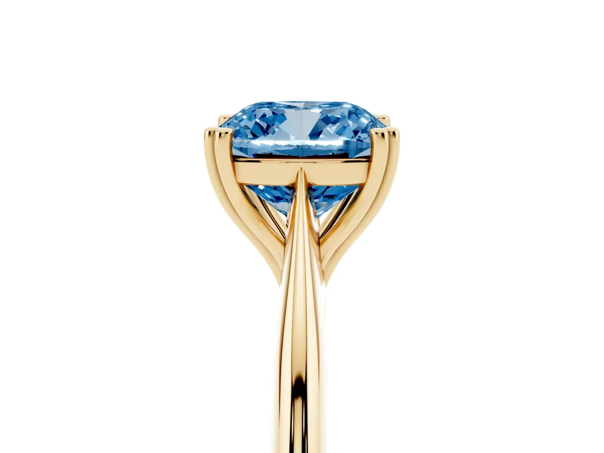 Fancy Blue Cushion Cut Solitaire Diamond Ring with Six-Prong Setting and Classic Band Yellow gold