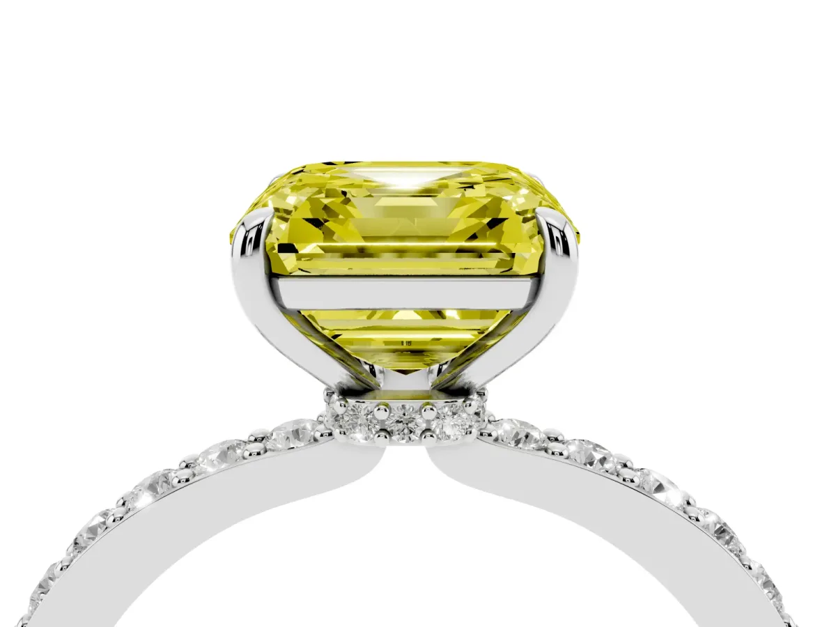 Fancy Yellow Asscher Cut Diamond Solitaire Engagement Ring with Pavé Band and Four-Prong Setting Silver