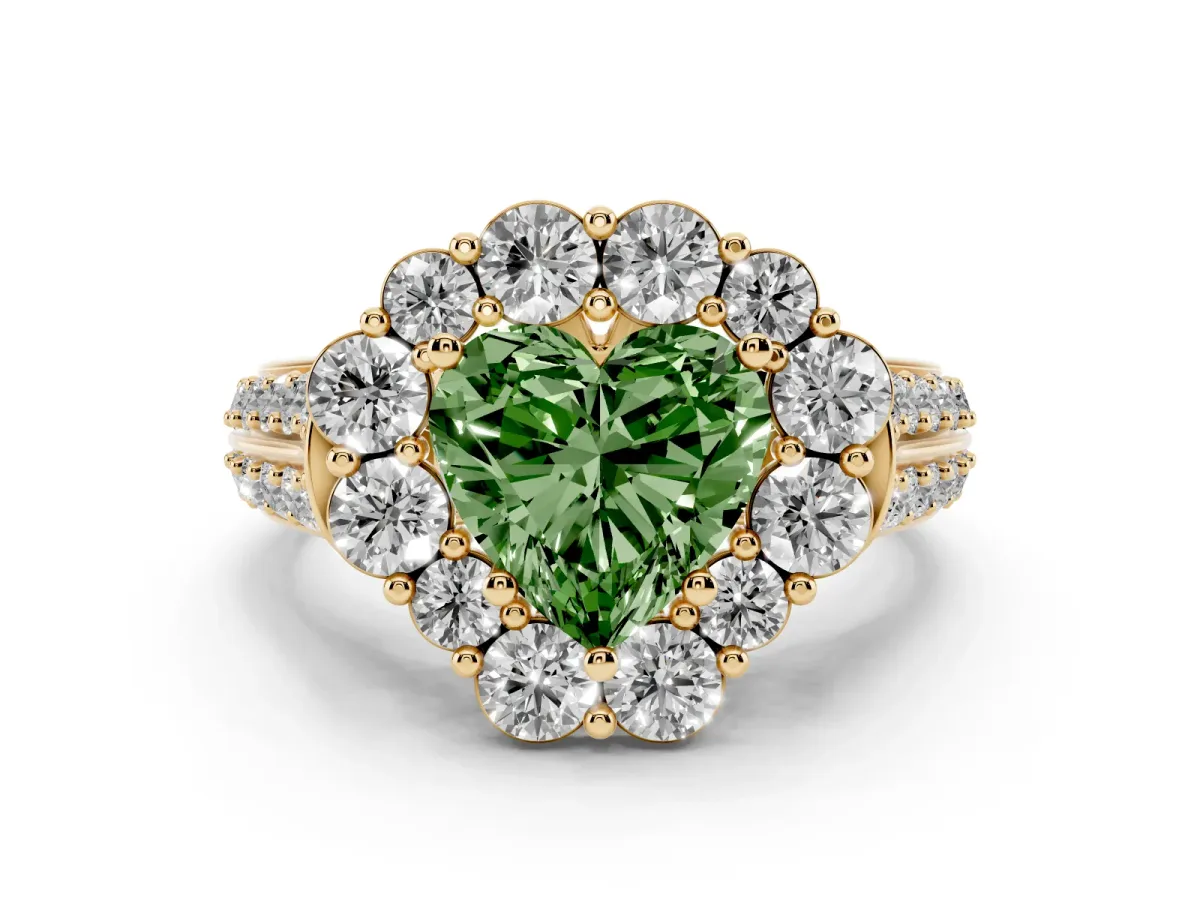 Fancy Green Heart Cut Halo Diamond Engagement Ring with Split Shank and Prong Setting Yellow gold