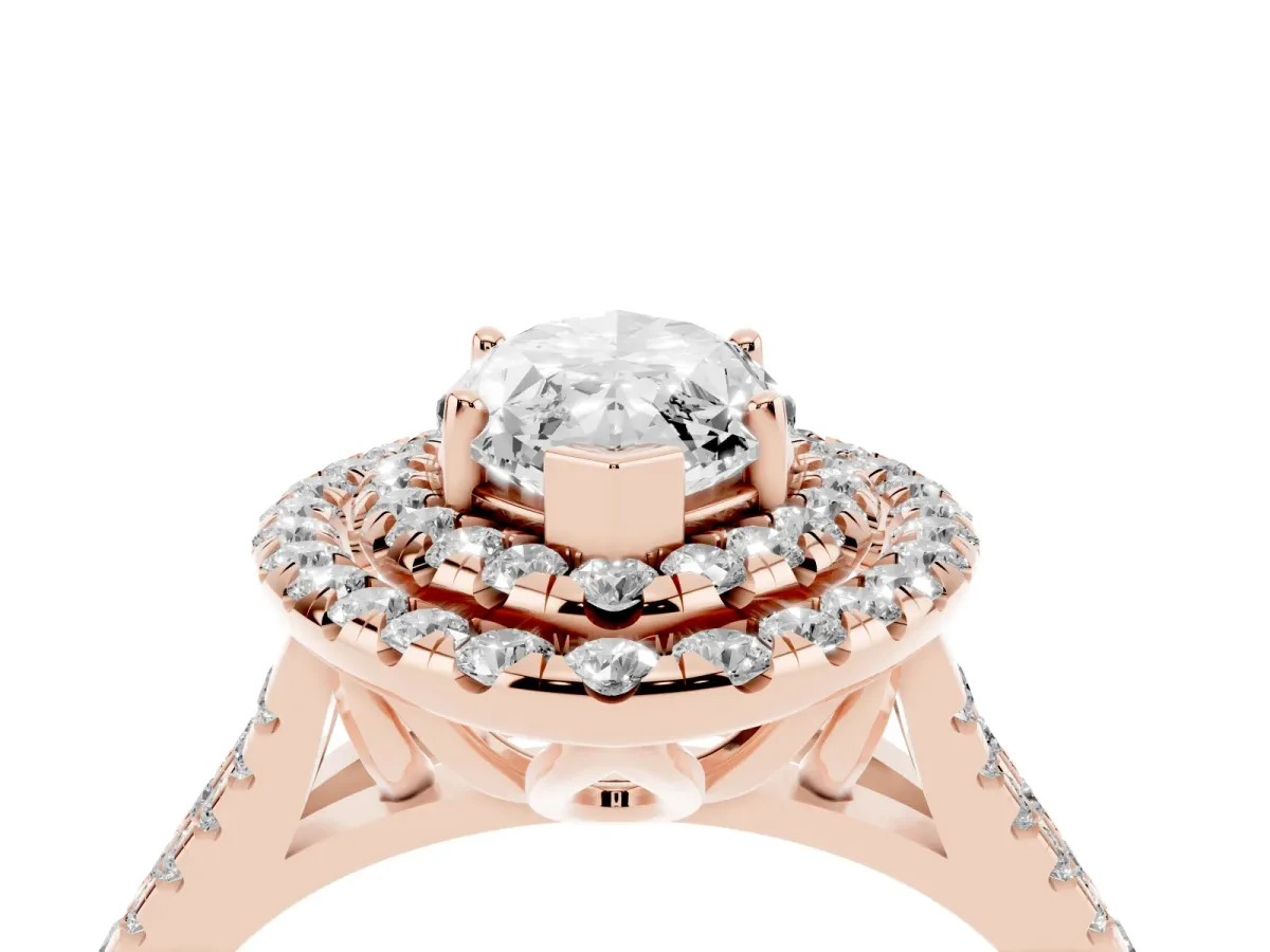 Double Halo Marquise Cut Diamond Pavé Split Shank Ring with Prong Setting Rose gold