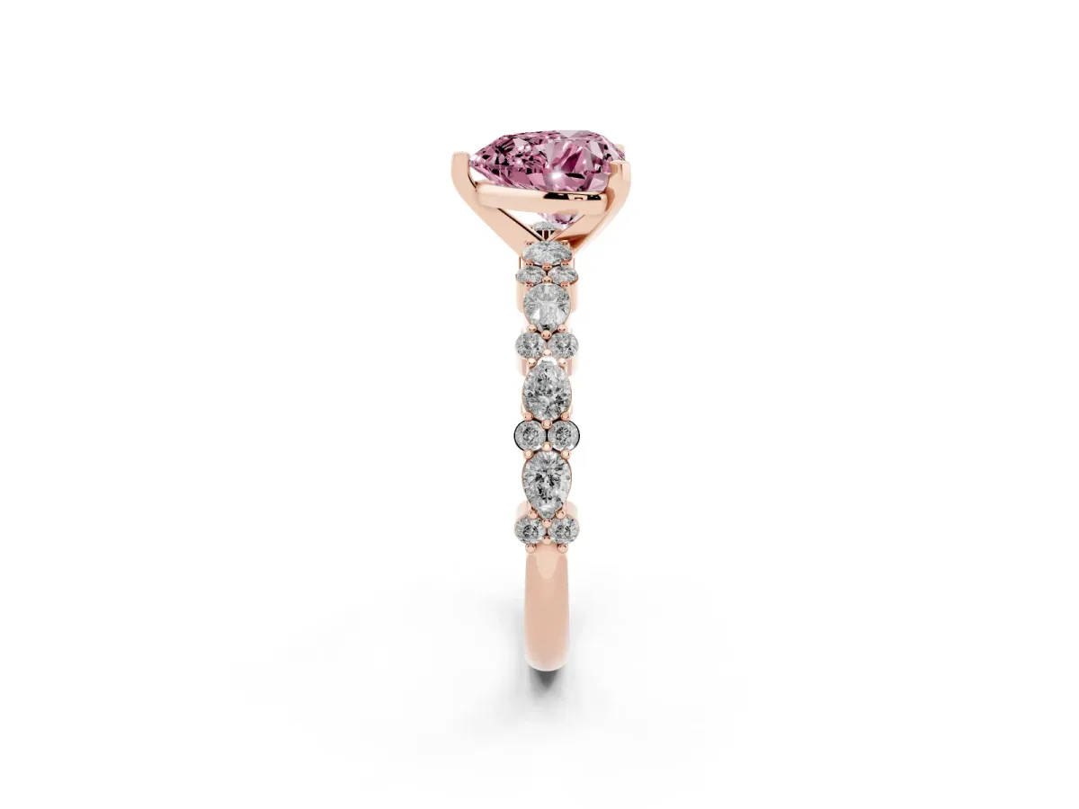 Fancy Pink Heart Cut Diamond Side Stone Solitaire Ring with Round and Four-Prong Setting Rose gold
