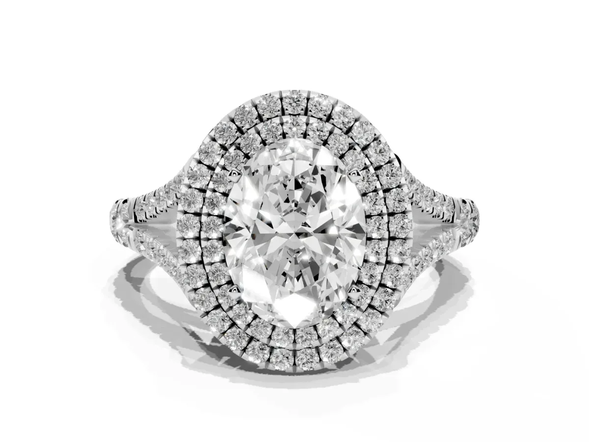 Oval Cut Cut Double Halo Split Shank Diamond Ring with Prong Setting Silver
