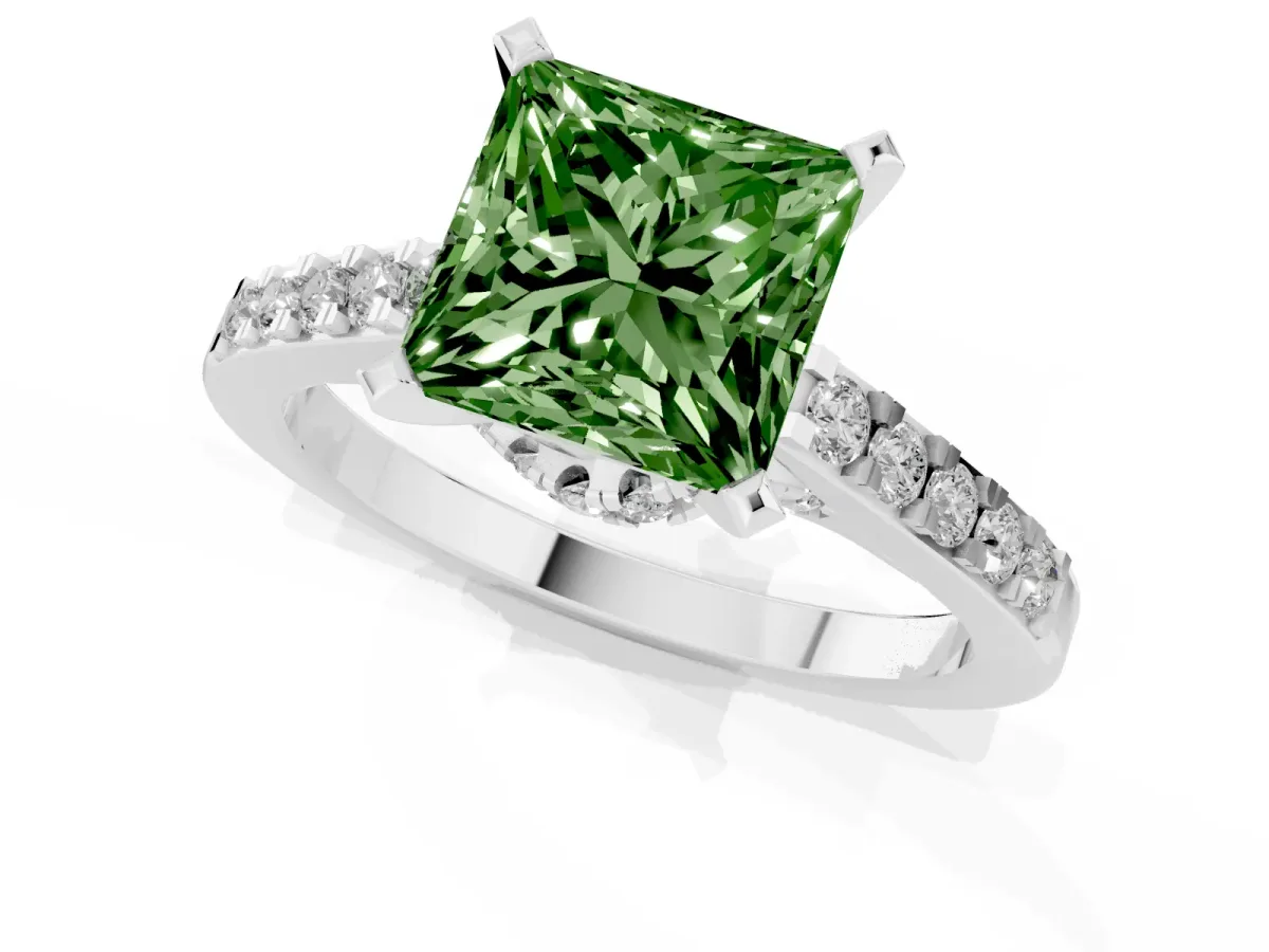 Fancy Green Princess Cut Diamond Solitaire Ring with Crossover Gallery and Round Pavé Band Platinum
