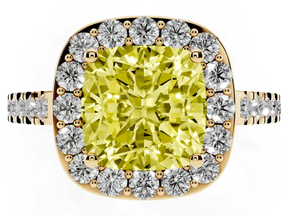 Fancy Yellow Cushion Cut Diamond Halo Ring with Round Pavé Split Shank and Prong Setting Yellow gold