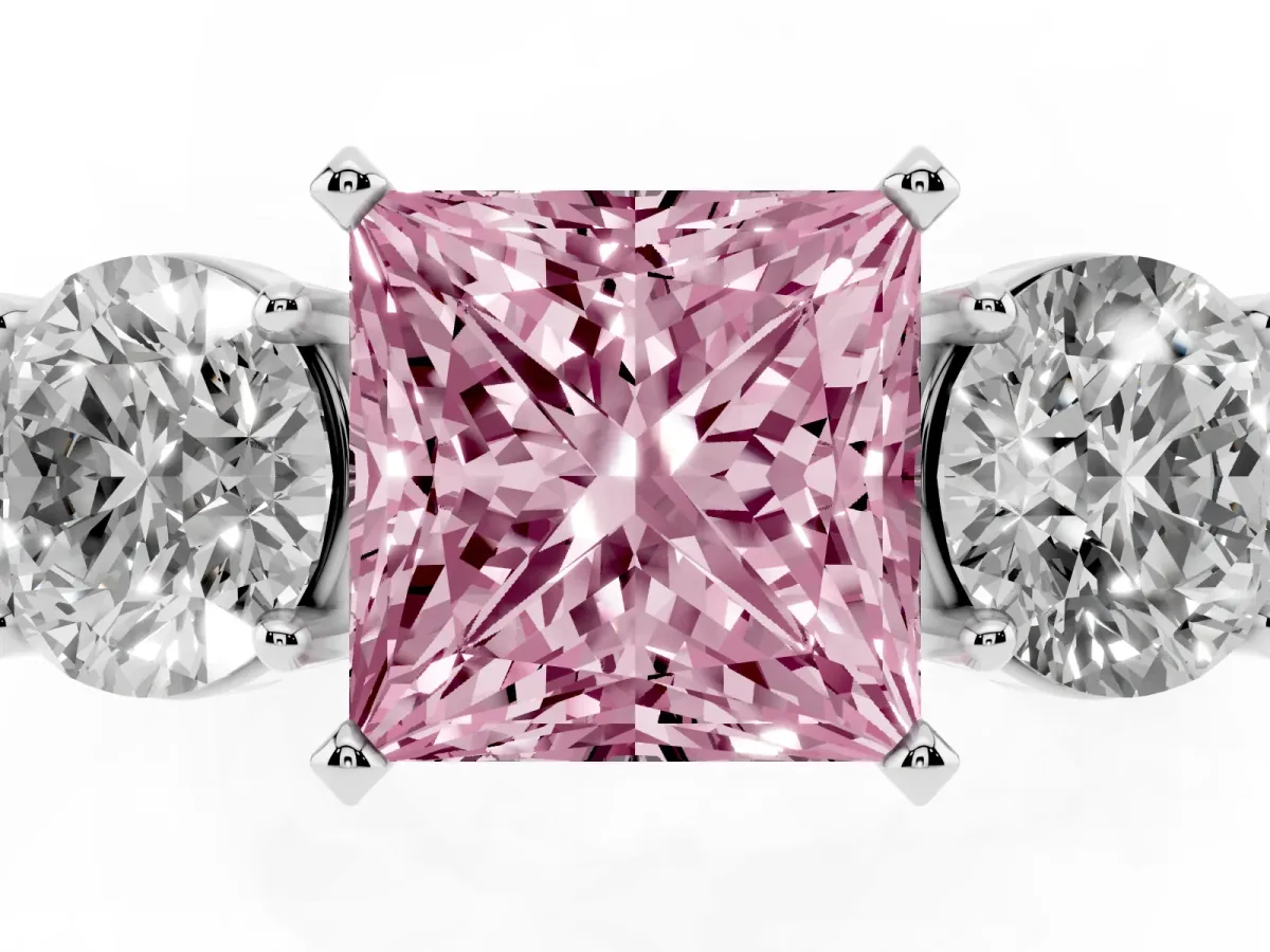Fancy Pink Three-Stone Princess Cut Diamond Ring with Round Side Stones, Classic Band, and Four-Prong Setting White gold