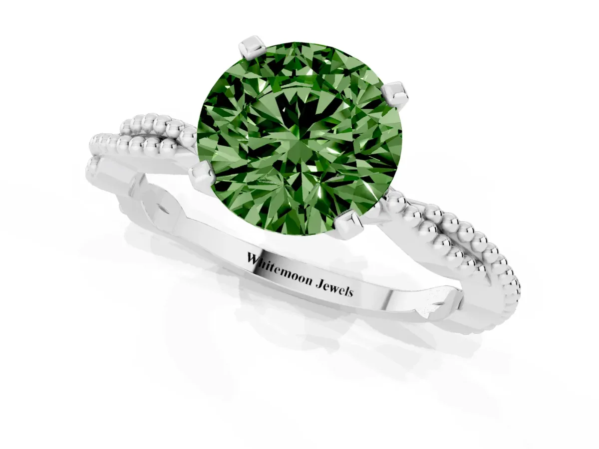 Fancy Green Round Cut Solitaire Twisted Band with Bead Prong Setting White gold