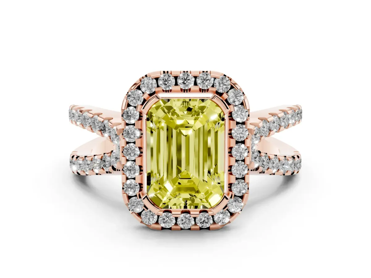 Fancy Yellow Emerald Cut Diamond Halo Ring with Split Shank Pavé Band and Prong Setting Rose gold