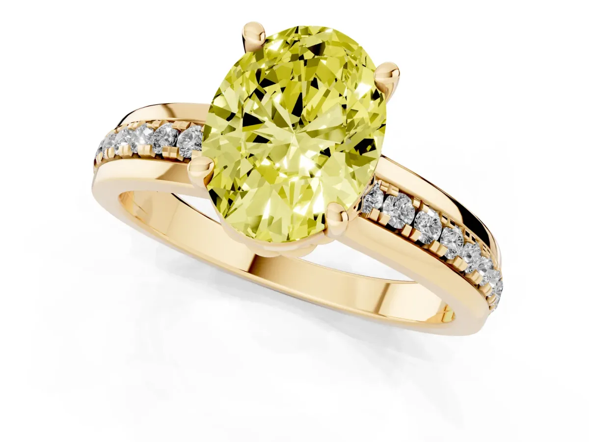 Fancy Yellow Oval Cut Solitaire Diamond Ring with Channel Set Band and Six-Prong Setting Yellow gold