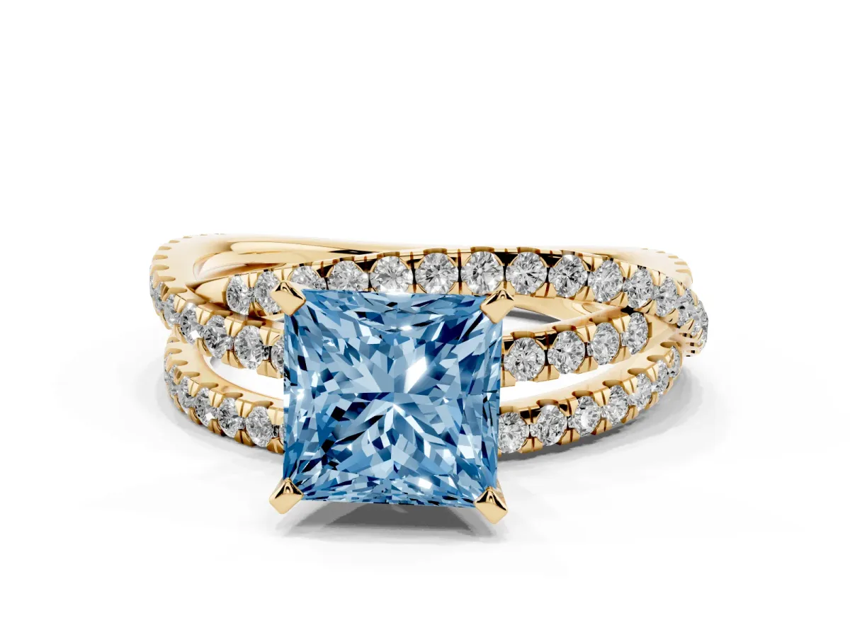 Fancy Blue Princess Cut Solitaire Twist Band with Pavé Setting and Four-Prong Setting Yellow gold