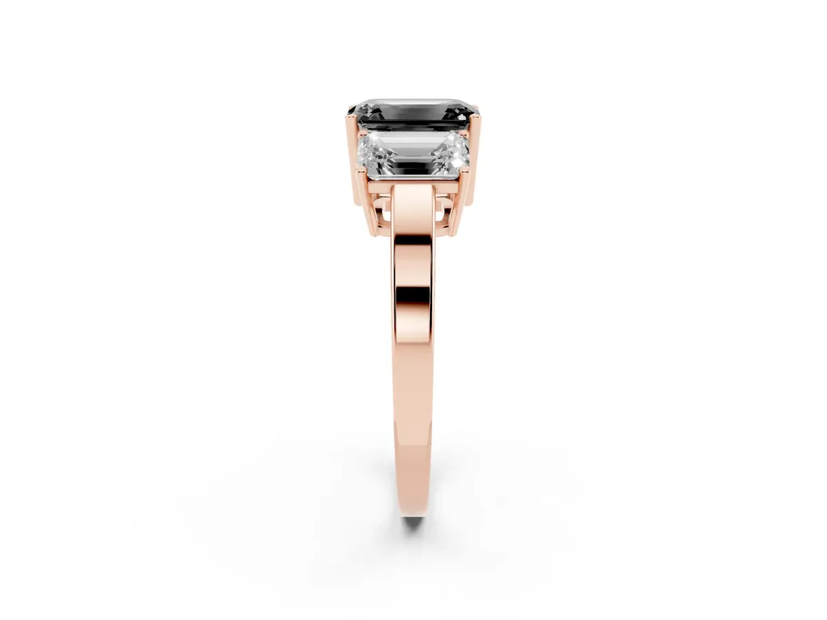 Fancy Black Three-Stone Emerald Cut Cut Diamond Engagement Ring with Flat Band and Four-Prong Setting Rose gold