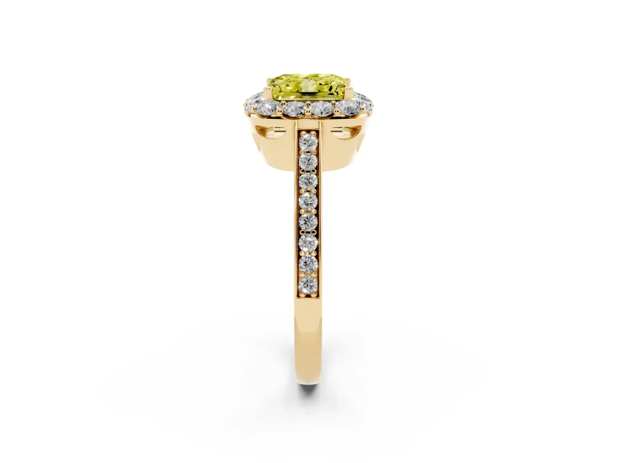 Fancy Yellow Princess Cut Diamond Floral Halo Ring with Pavé Band and Prong Setting Yellow gold