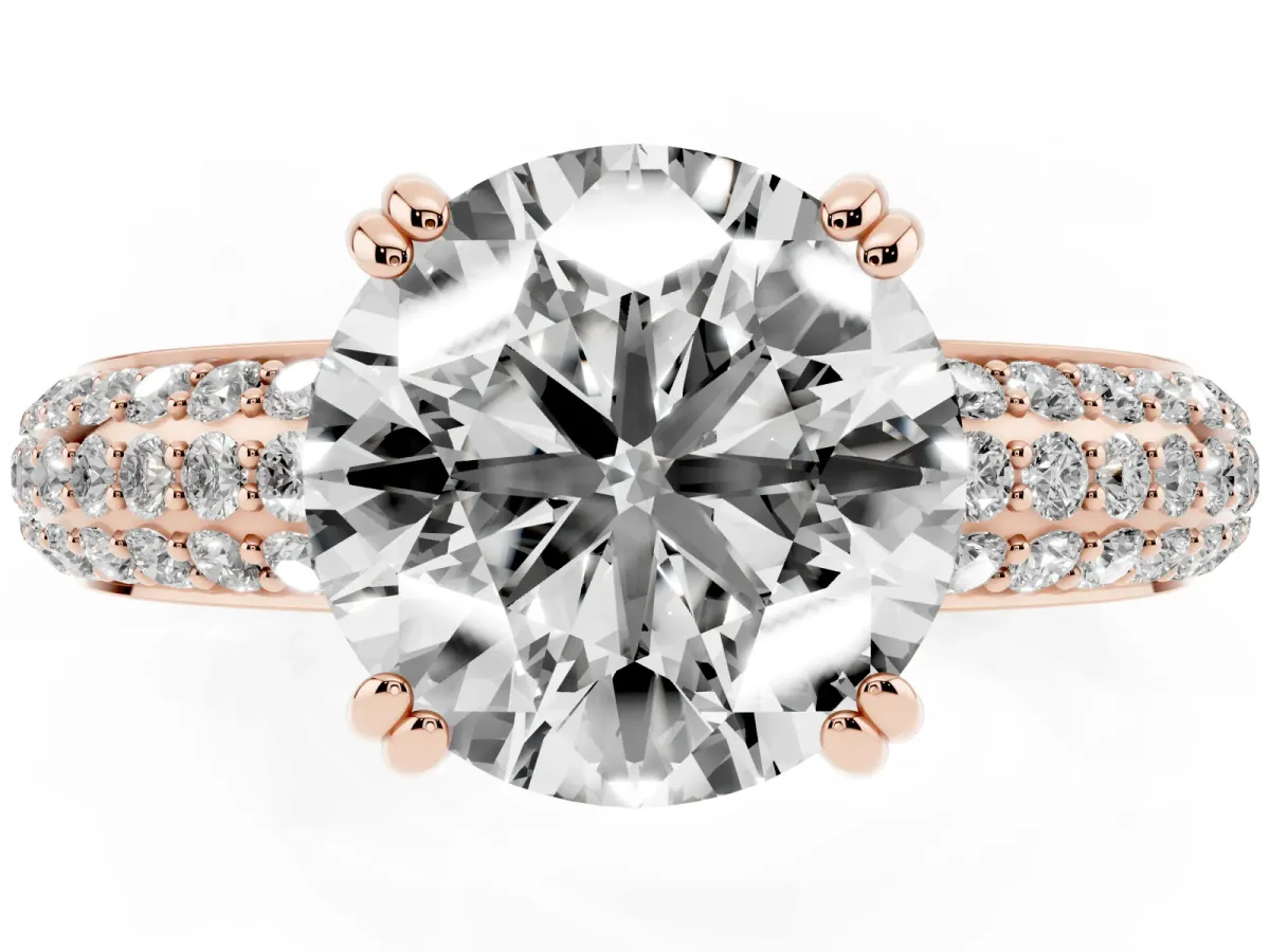 Round Cut Diamond Solitaire Ring with Multi-Row Round Pavé Band and Prong Setting Rose gold