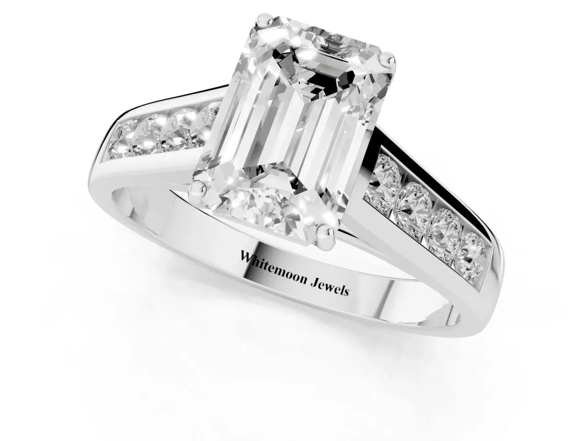 Emerald Cut Solitaire Channel-Set Diamond Engagement Ring with Four-Prong Setting Silver