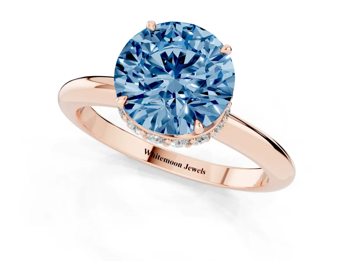 Fancy Blue Round Cut Brilliant Solitaire Engagement Ring with Six-Prong Setting and Classic Band Rose gold