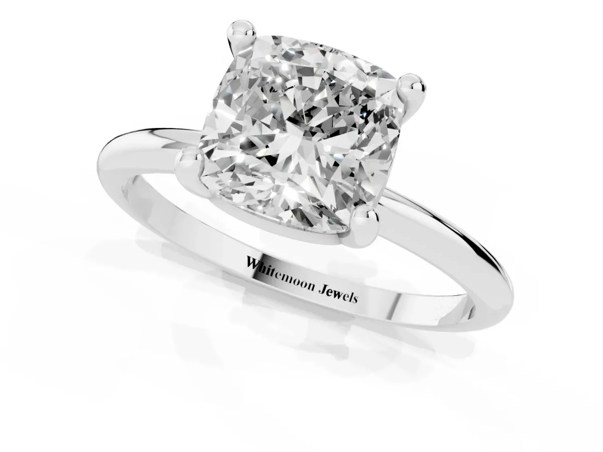 Cushion Cut Solitaire Diamond Ring with 4-Prong Setting on a Classic Band Silver