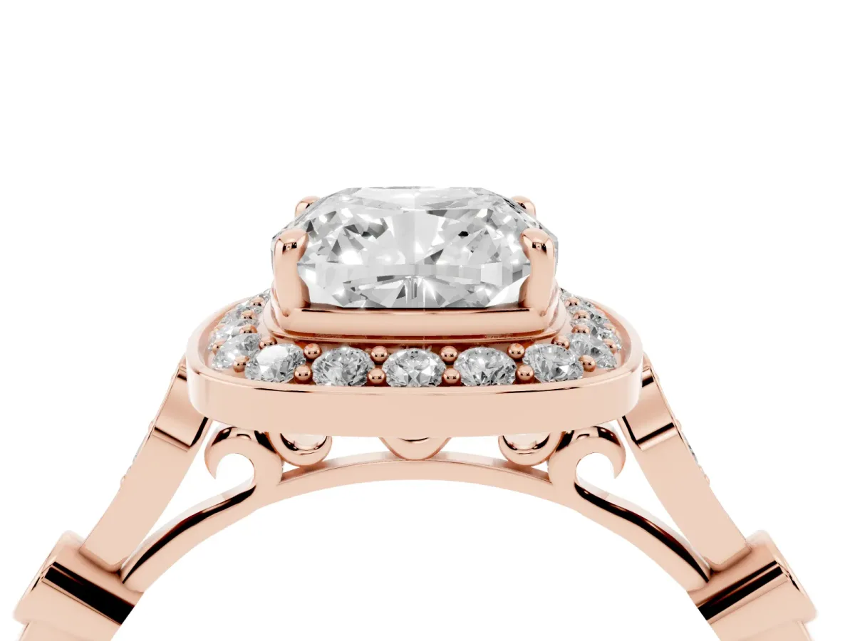 Cushion Cut Halo Diamond Engagement Ring with Twisted Band and Four-Prong Setting Rose gold
