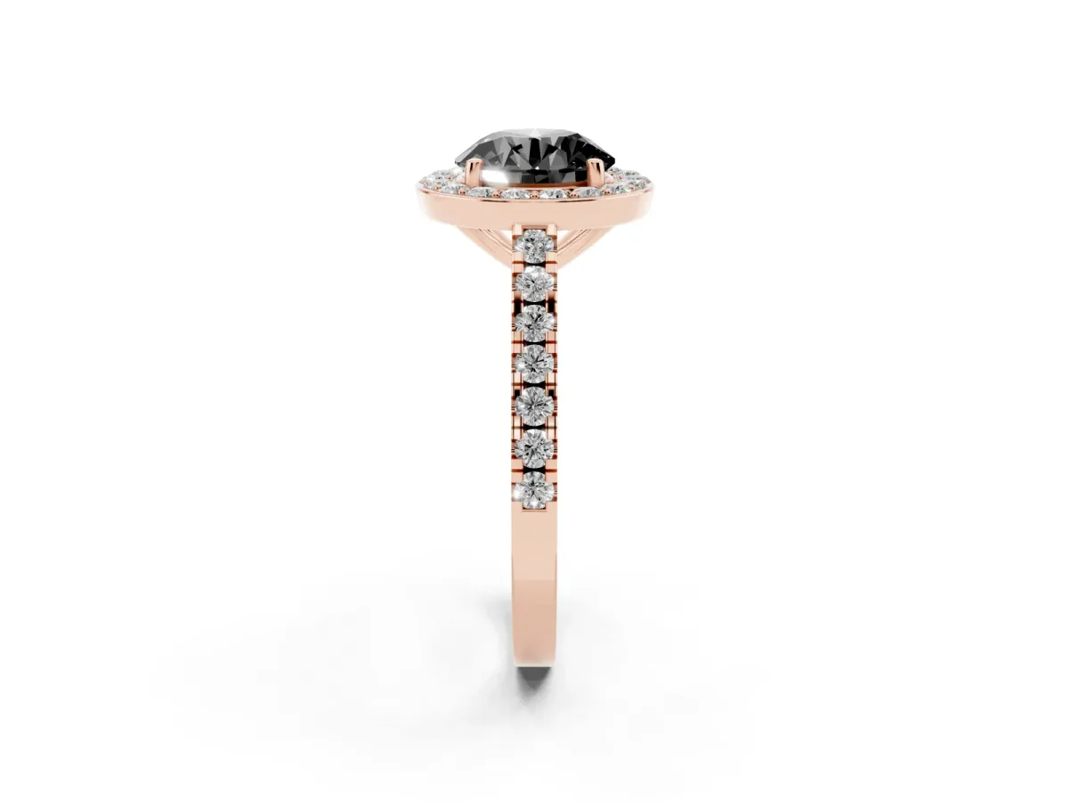 Fancy Black Round Cut Diamond Halo Ring with Round Pavé Split Shank and Prong Setting Rose gold