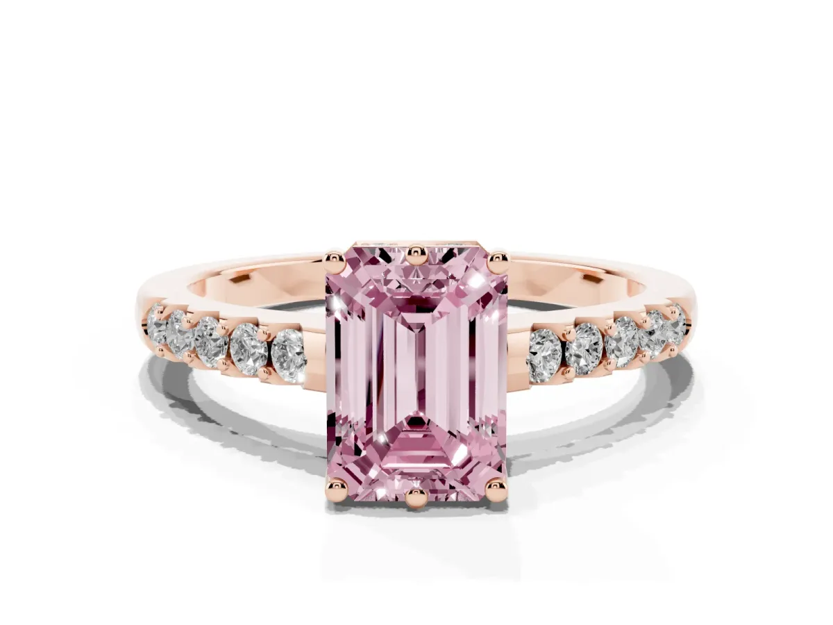 Fancy Pink Emerald Cut Solitaire Diamond Engagement Ring with Pavé Band and Six-Prong Setting Rose gold