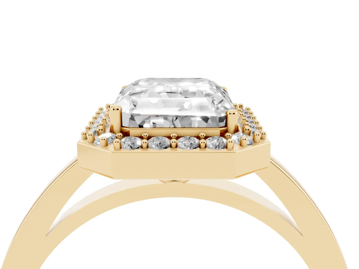 Radiant Cut Halo Diamond Ring with Solitaire Band and Prong Setting Yellow gold