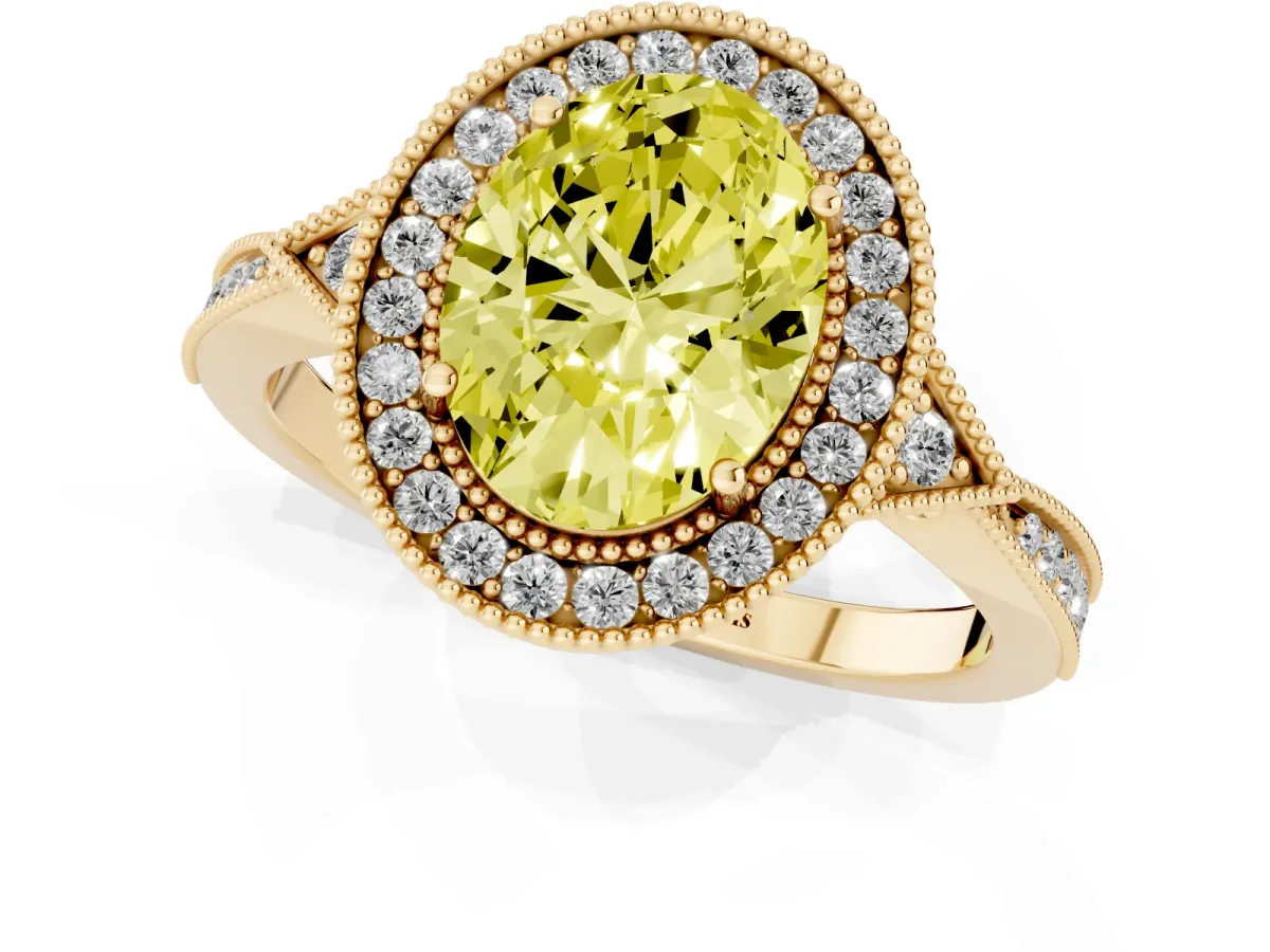 Fancy Yellow Oval Cut Halo Round Diamond Milgrain Pave Engagement Ring Yellow gold