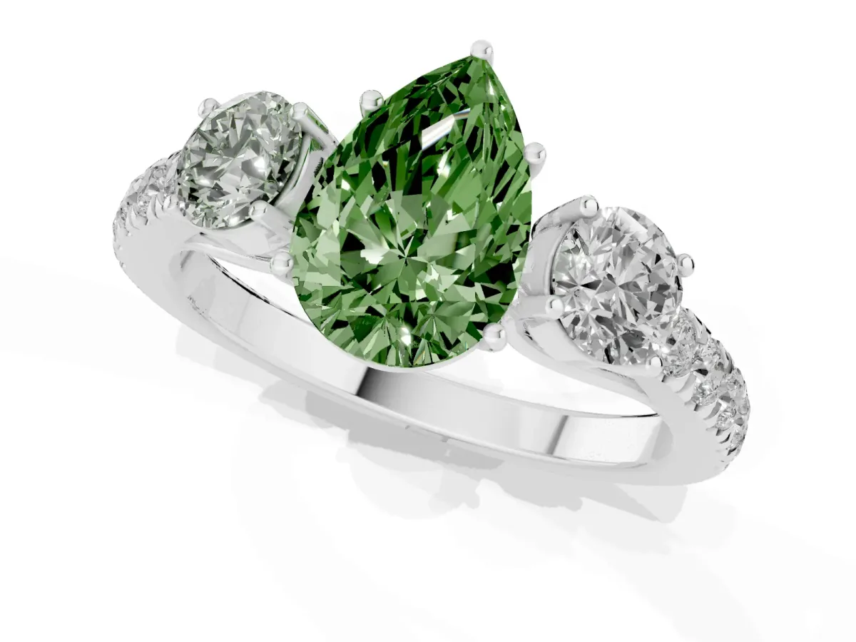 Fancy Green Pear Cut Cut Diamond Three-Stone Ring with Round Side Stones and Pavé Band Platinum