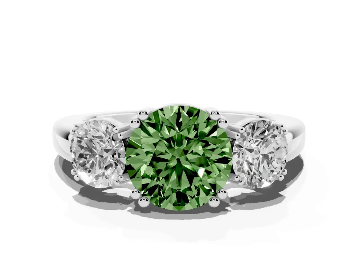 Fancy Green Three-Stone Round Cut Cut Diamond Ring with Channel Set Band and Four-Prong Setting Silver