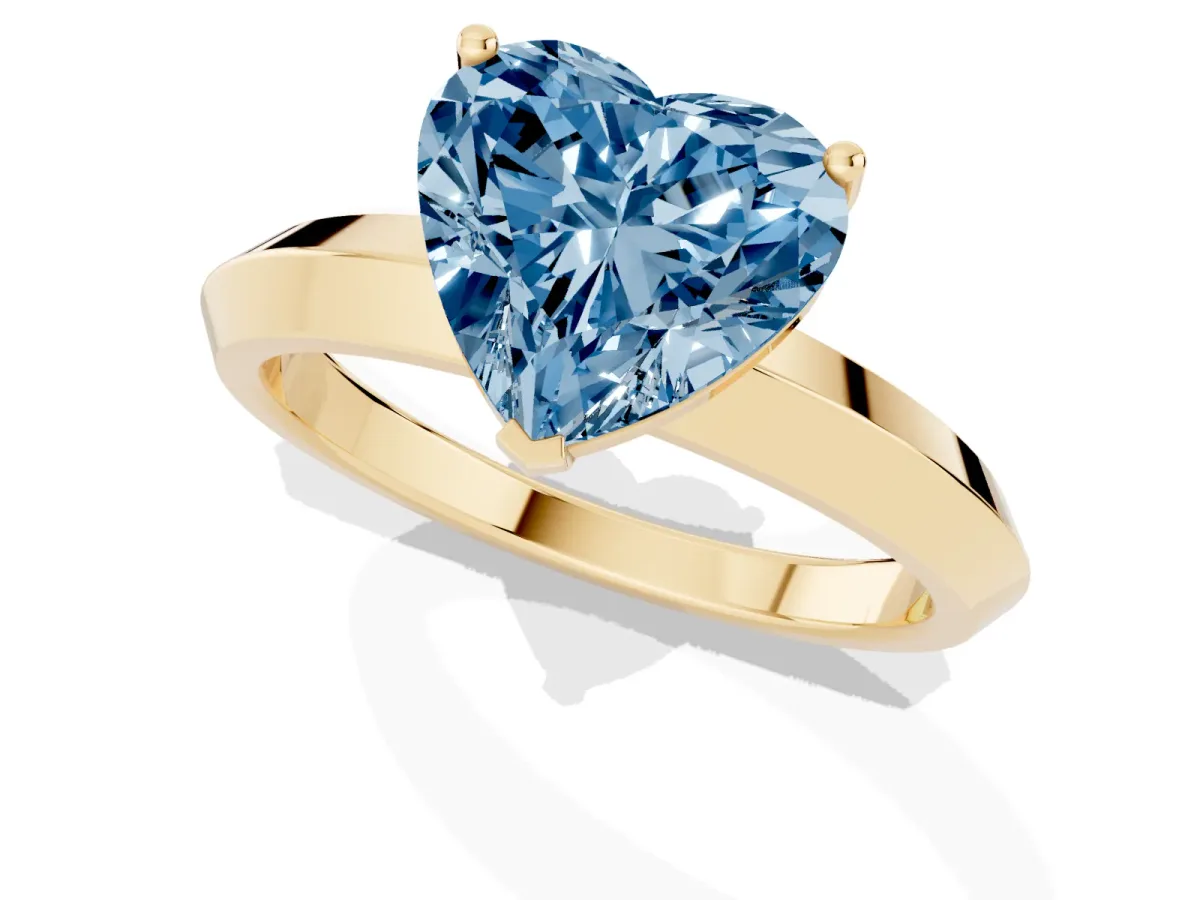 Fancy Blue Heart Cut Cut Solitaire Engagement Ring with Flat Band and Four-Prong Setting Yellow gold