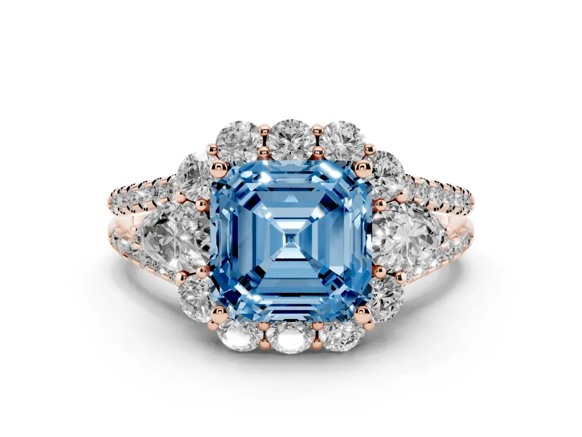 Fancy Blue Asscher Cut Halo Split Shank Diamond Engagement Ring with Prong Setting Rose gold