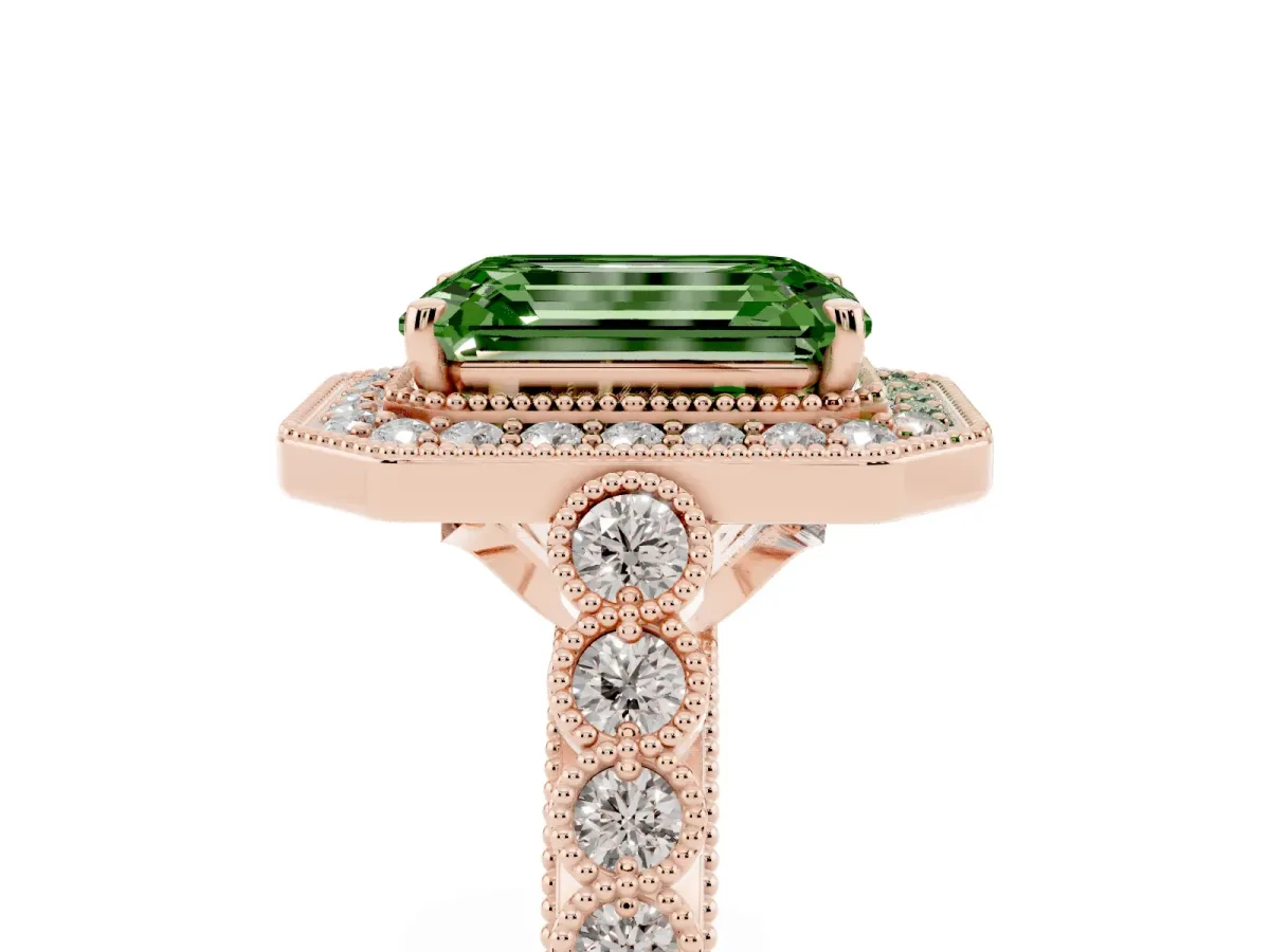 Fancy Green Emerald Cut Halo Milgrain Solitaire with Bezel Set Side Stones and Pave Band Rose gold