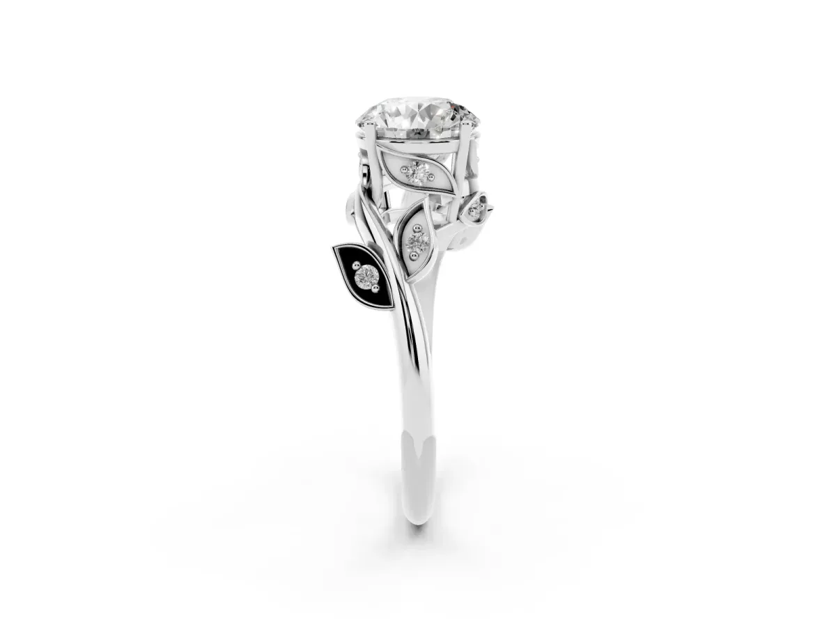 Round Cut Solitaire Twist Engagement Ring with Leaf Accents and Prong Setting Silver