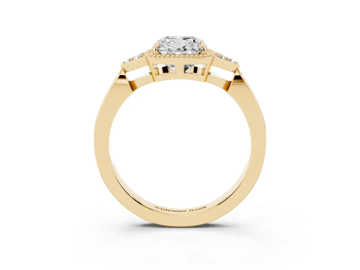 Hexagonal Halo Cushion Cut Diamond Solitaire with Pavé Band and Four-Prong Setting Yellow gold