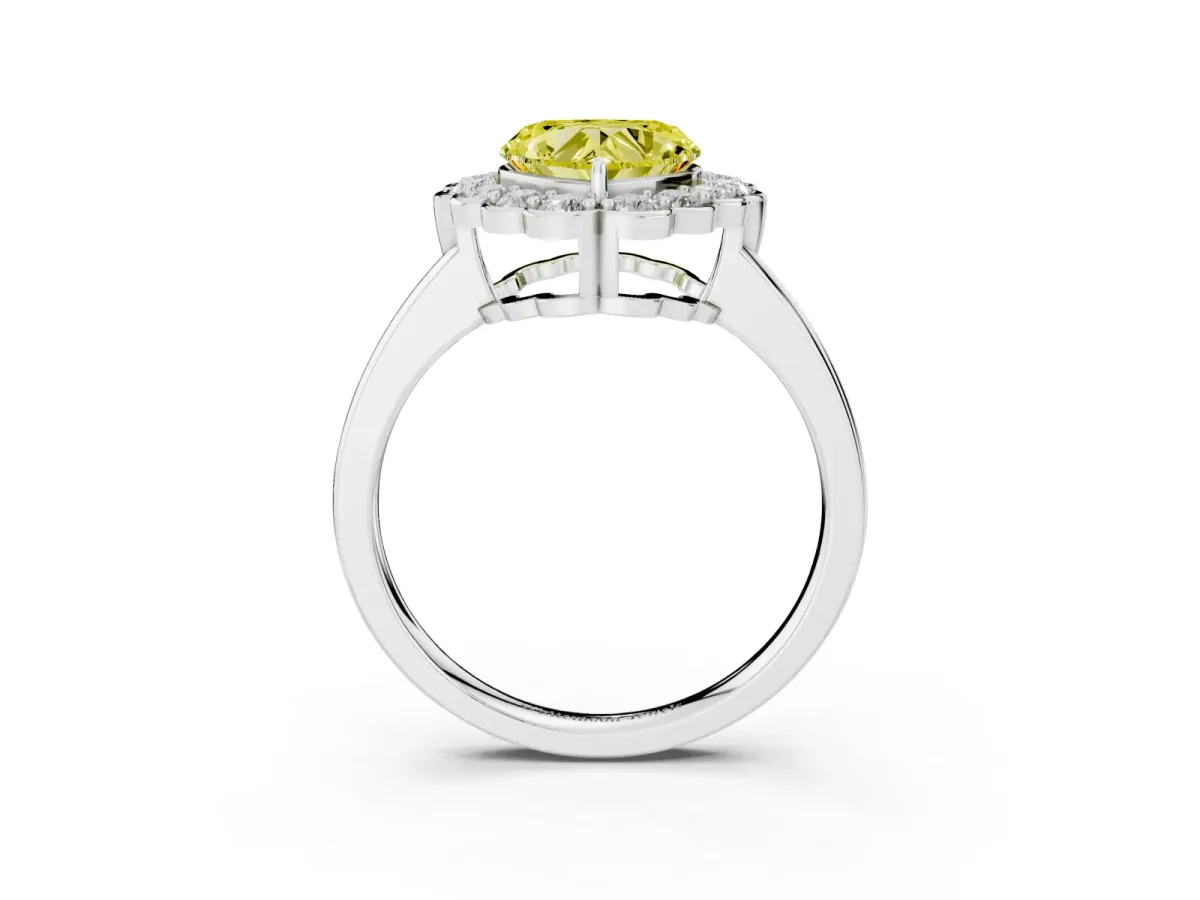 Fancy Yellow Heart Cut Halo Cluster Diamond Engagement Ring with Solitaire Band and Prong Setting Platinum