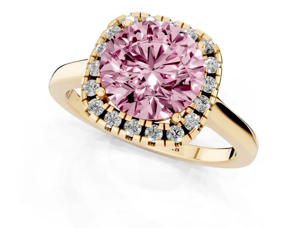 Fancy Pink Round Cut Halo Round Diamond Solitaire Ring with Pavé Band and Four-Prong Setting Yellow gold