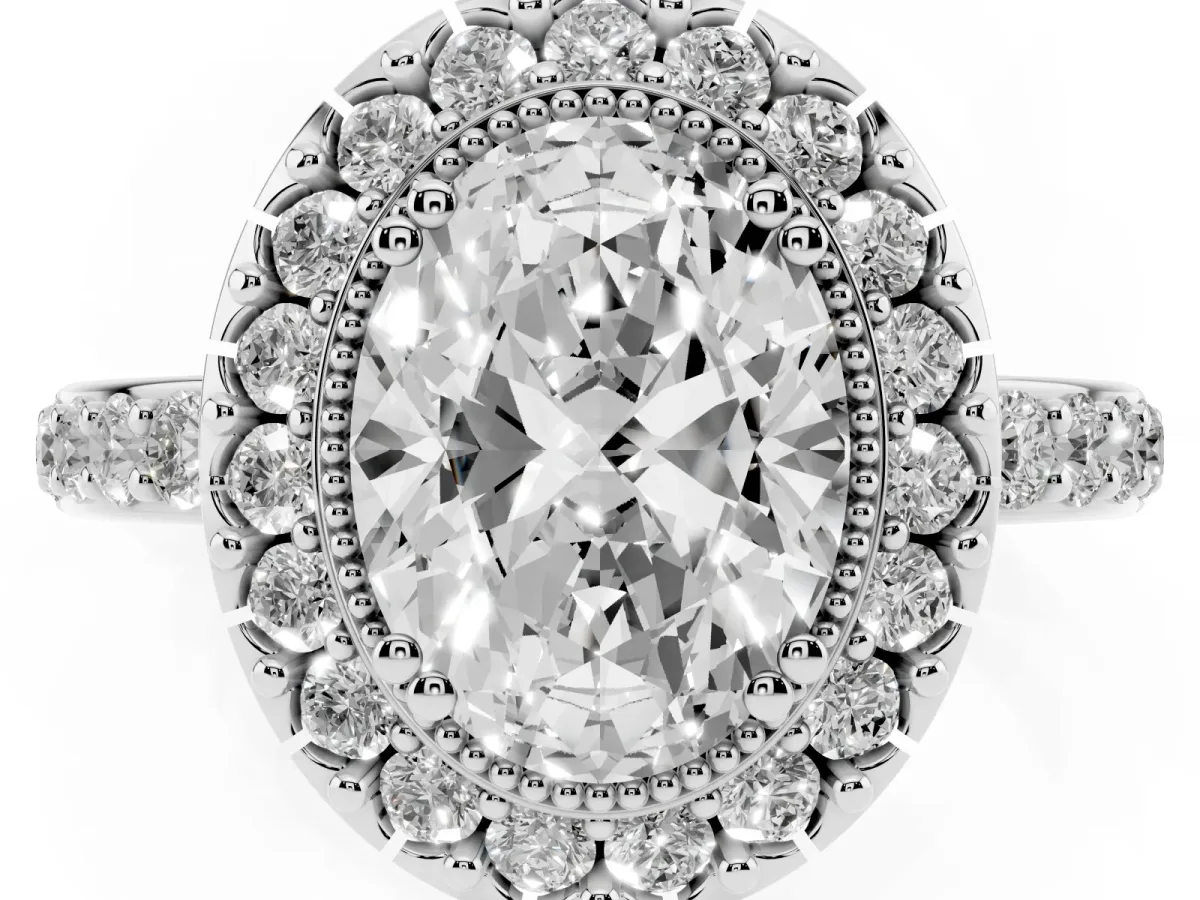 Oval Cut Diamond Halo Ring with Pavé Band and Prong Setting Silver