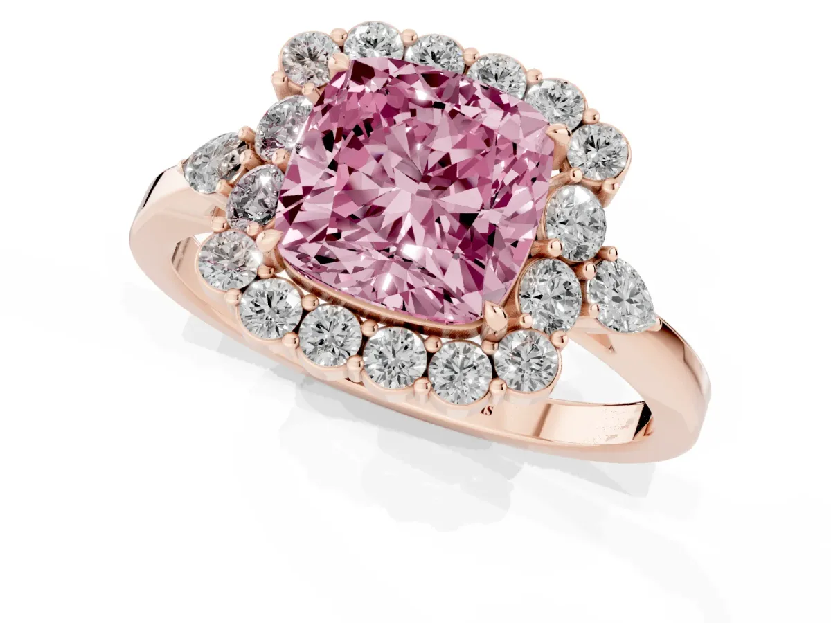 Fancy Pink Cushion Cut Diamond Halo Ring with Pear Side Stones and Prong Setting Rose gold