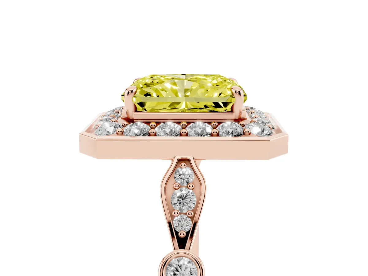 Fancy Yellow Radiant Cut Halo Diamond Engagement Ring with Twisted Band and Four-Prong Setting Rose gold