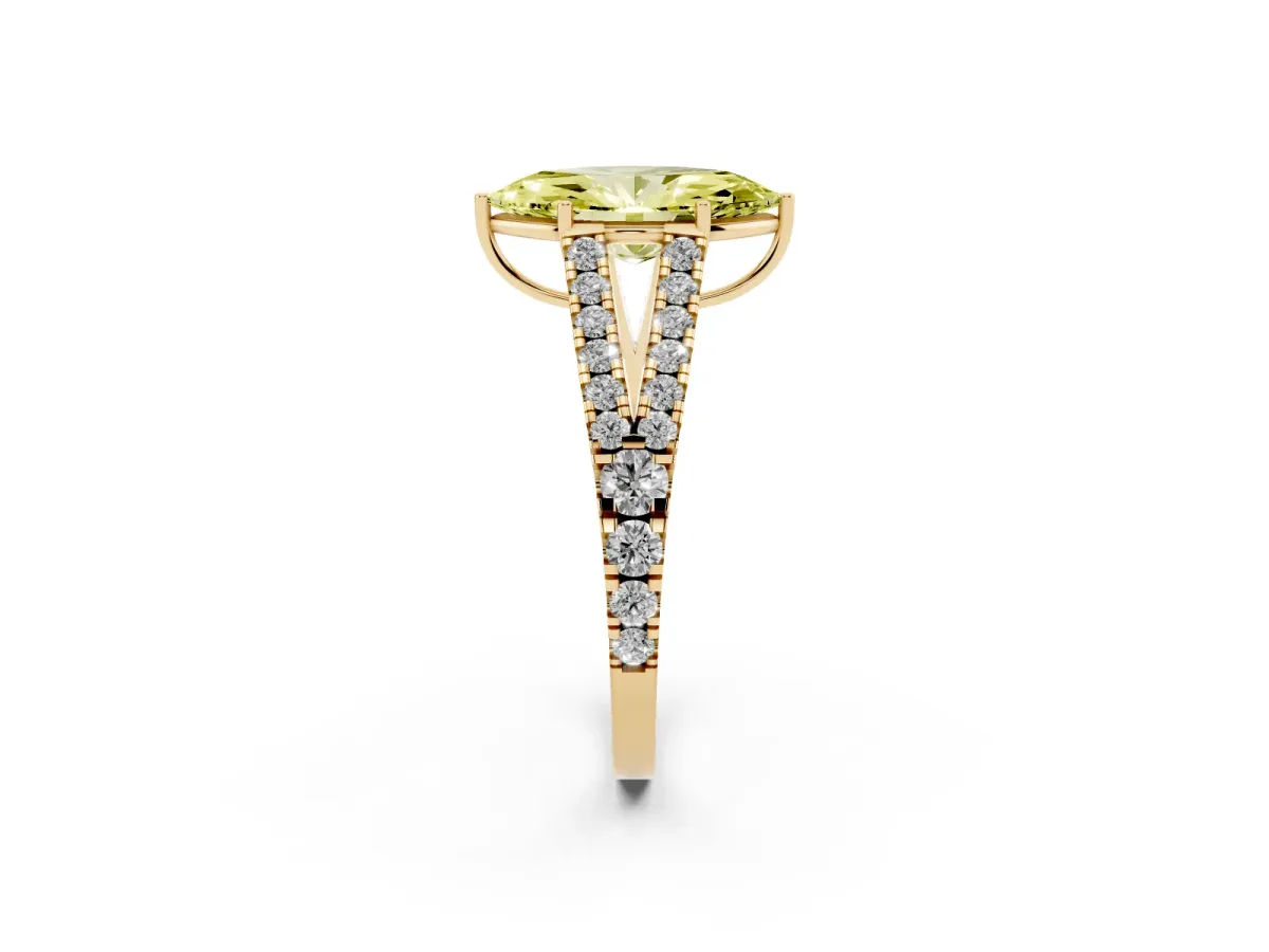 Fancy Yellow Marquise Cut Diamond Split Shank Engagement Ring with Round Pavé and Prong Setting Yellow gold