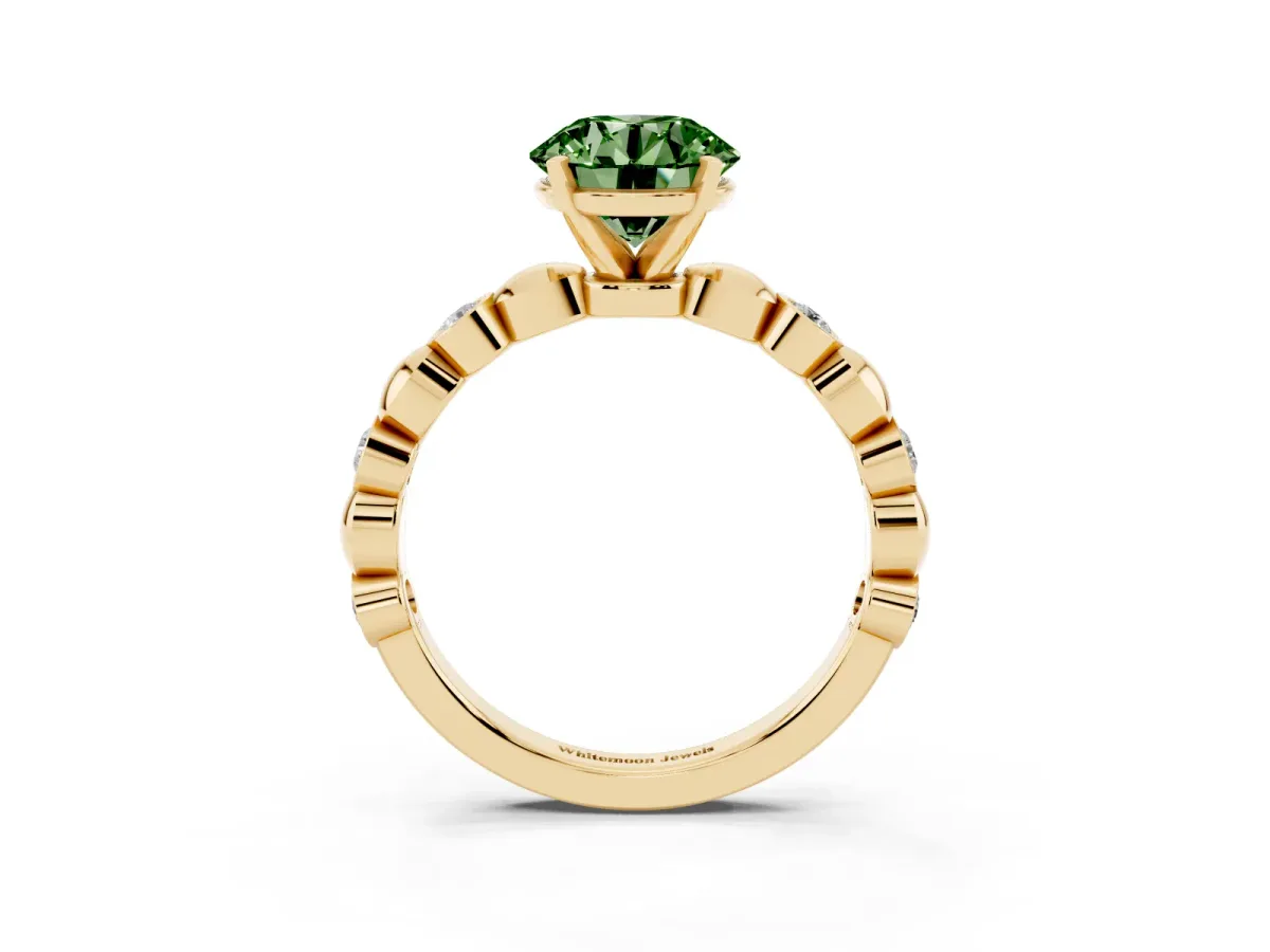 Fancy Green Round Cut Solitaire Bezel-Set Diamond Ring with Beaded Band and Four-Prong Setting Yellow gold