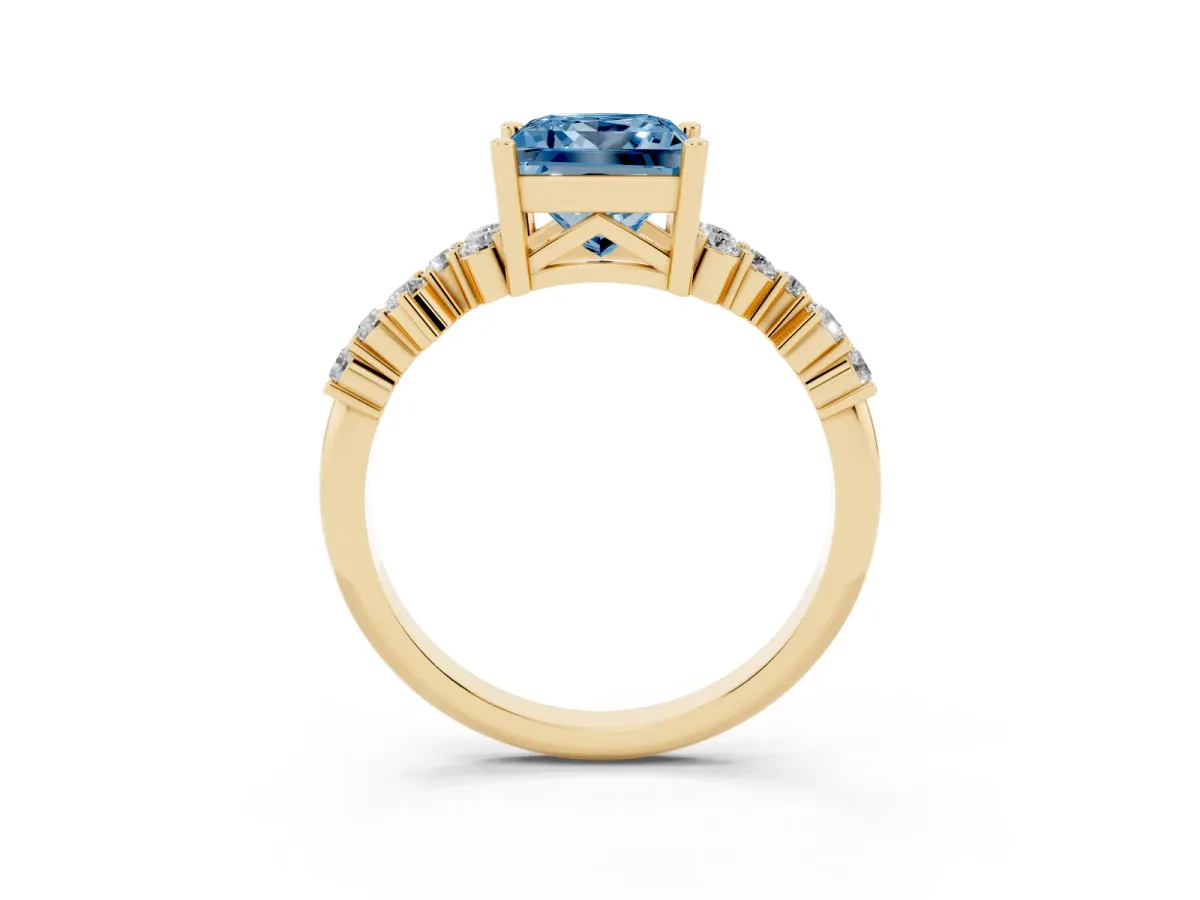 Fancy Blue Princess Cut Diamond Scattered Round Accent Ring with Prong Setting Yellow gold