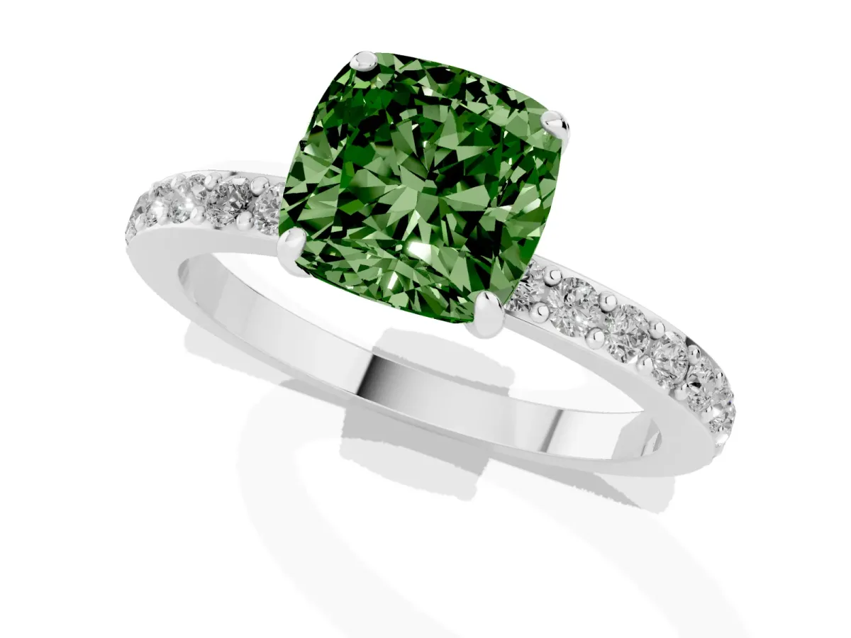 Fancy Green Cushion Cut Diamond Solitaire Engagement Ring with Pavé Band and Four-Prong Setting Silver