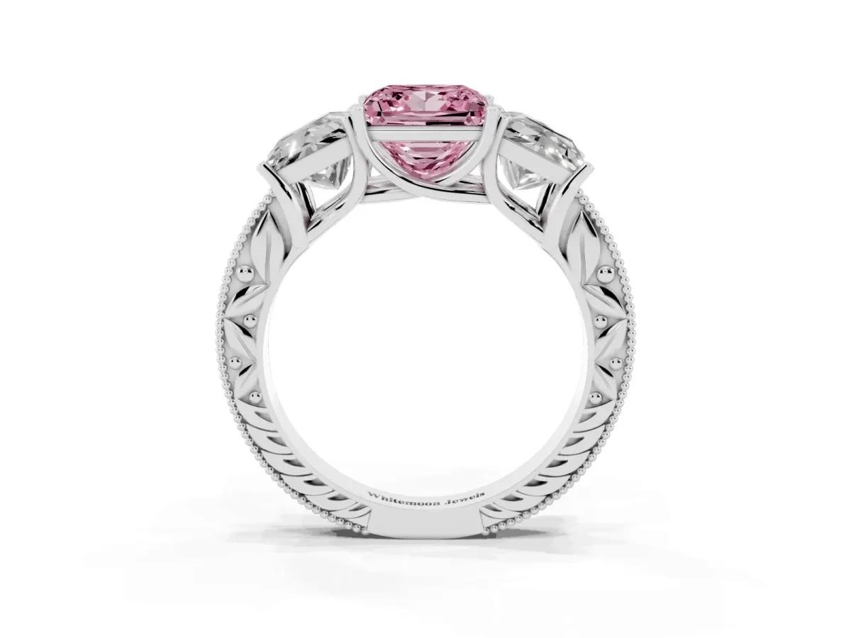 Fancy Pink Three-Stone Princess Cut Cut Milgrain Pavé Engagement Ring Platinum
