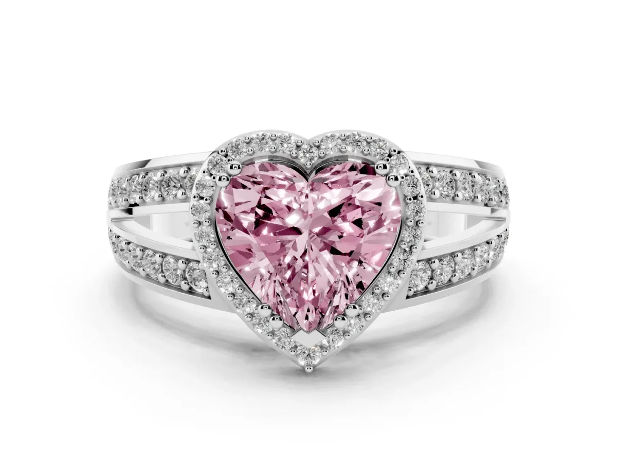 Fancy Pink Heart Cut Diamond Halo Ring with Split Shank Pavé Band and Four-Prong Setting Platinum