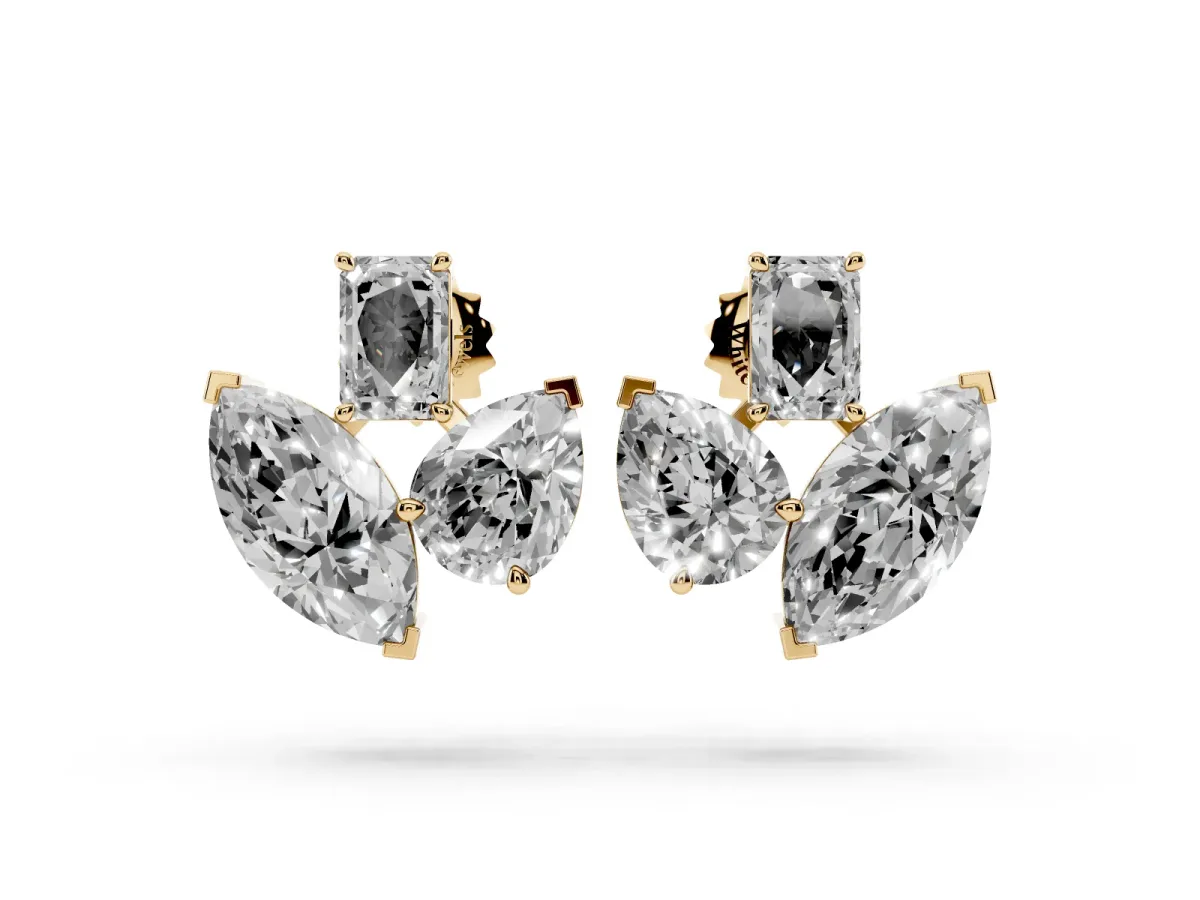 Emerald, Marquise and Pear Diamond Mosaic Three Stone Fan Earrings Yellow gold